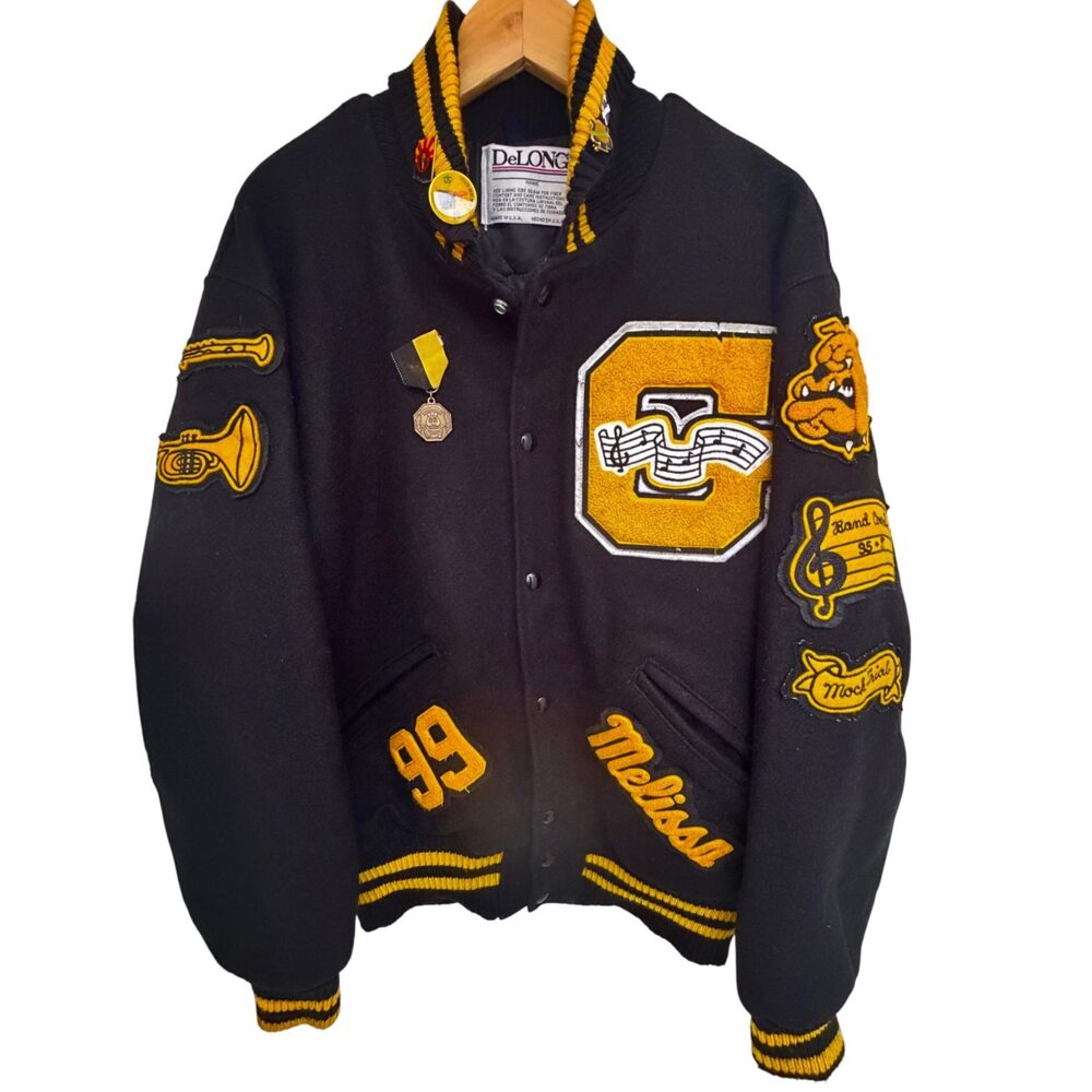 DeLONG Men's M Black Gold Jacket Varsity Letterman Bomber